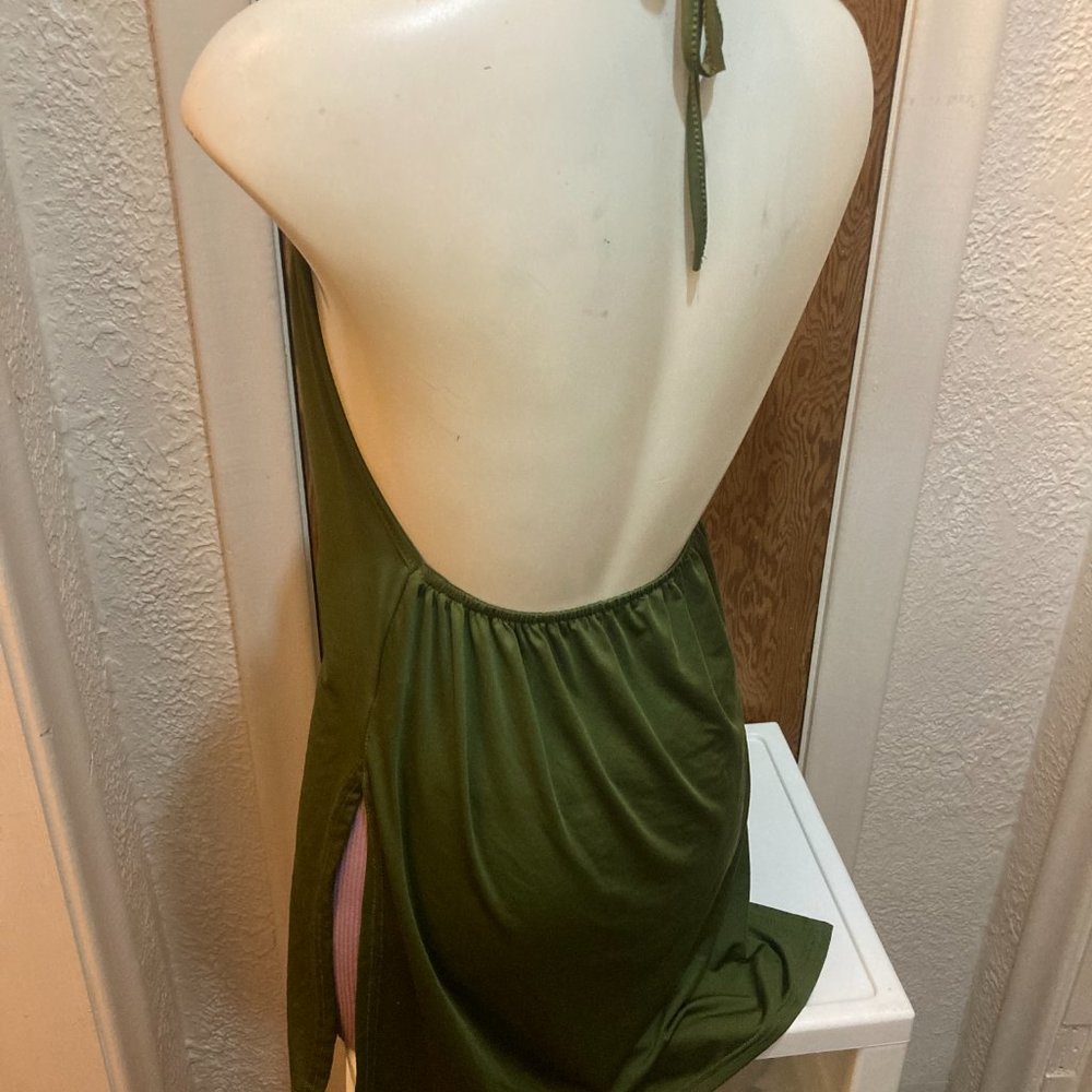 Army Green Deep V-neck Sexy Spaghetti Strap Halter Dress Backless - Picture 5 of 5